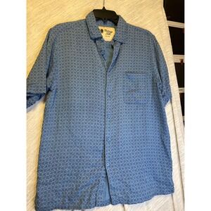 Vintage Silk Mens Short Sleeve Button Up Shirt Blue Geometric Print Size M